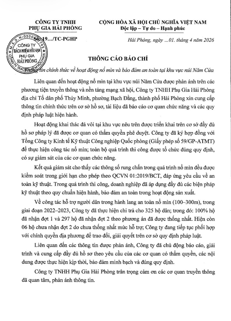 Hải Phòng: Thông tin chính thức về hoạt động nổ mìn tại khu vực núi Năm Cửa