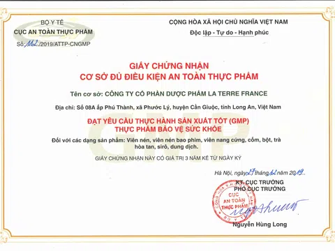 Nhà máy La Terre France một trong những đơn vị sản xuất đầu tiên trong năm 2019 được Bộ Y Tế cấp giấy chứng nhận GMP